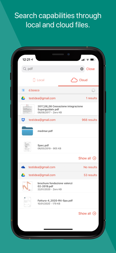 Interfaz de búsqueda en Amerigo que muestra archivos PDF de cuentas en la nube integradas