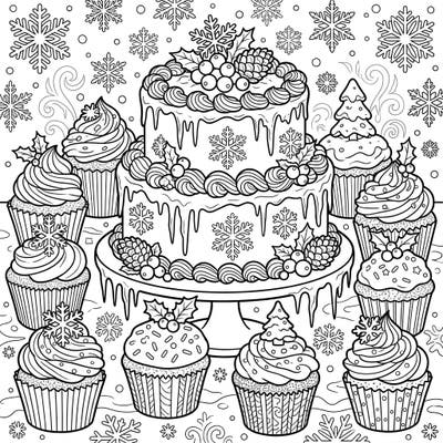 Get ready for a delightful coloring experience with our festive Winter Wonderland Cakes & Cupcakes page. This intricate design features a grand two-tiered cake and an assortment of charming cupcakes, all ready for your creative touch.