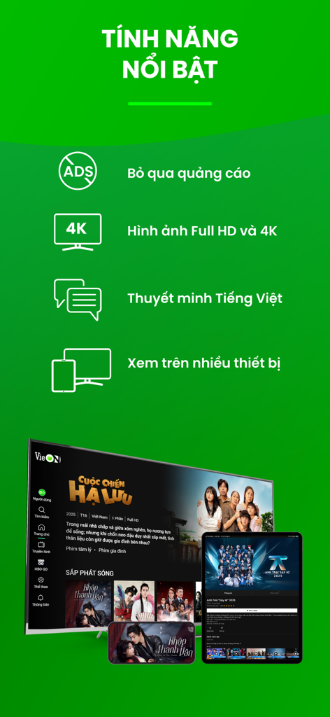 VieON app features highlighting ad-free viewing, 4K quality, Vietnamese dubbing, and multi-device support on TV, tablet, and smartphone.