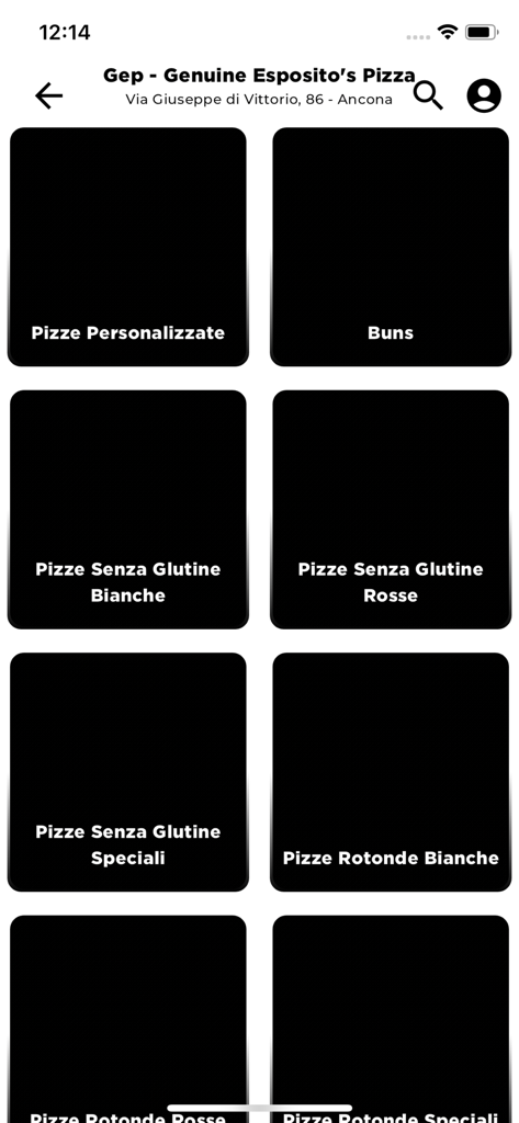 Gep - Menu screen of the Gep pizza app showing various pizza categories and options