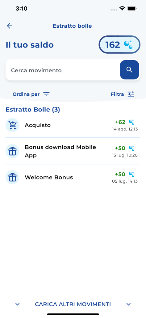 Acqua and Sapone app showing bubble points balance and transaction history