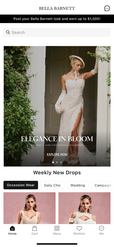 Bella Barnett - Bella Barnett mobile app home screen featuring luxury occasion wear and weekly fashion drops.