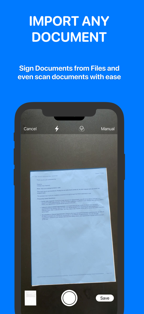Sign Now: Scan & Sign PDF - A mobile phone screen showing the document scanning feature of the Sign Now app