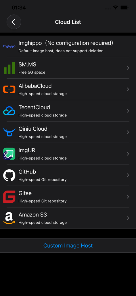 PicLink-Best image Hosting App - PicLink app screen displaying a list of supported cloud hosting providers including Amazon S3, GitHub, and Imgur