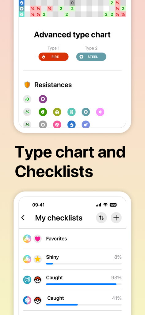 ProDex - Complete Game Guide - Interface do aplicativo ProDex exibindo um gráfico avançado de tipos de Pokémon e listas de progresso de coleção