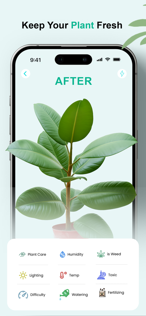 Plant Disease Diagnosis App - Pantalla de smartphone que muestra una planta sana con consejos de cuidado para la humedad, la iluminación y el riego.
