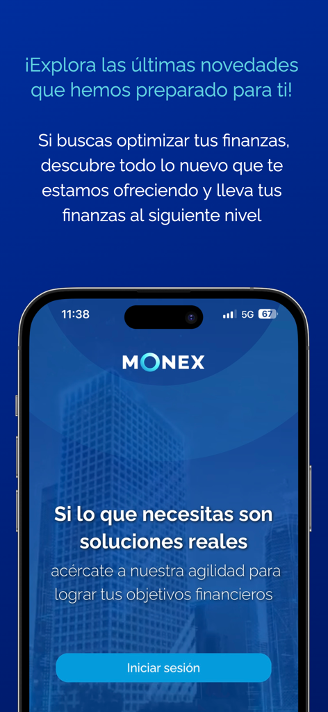 Monex Móvil - Pantalla de inicio de sesión de la aplicación bancaria Monex Movil con fondo corporativo