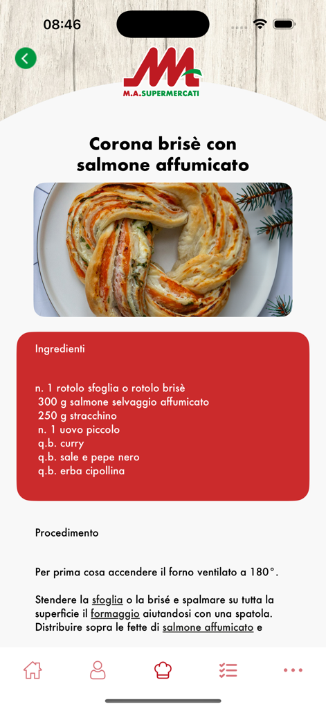 Schermata dell'app MA Supermercati che mostra una ricetta di sfogliatella salata con salmone affumicato con ingredienti e istruzioni