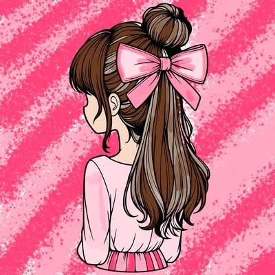 realistic girl  with hip length hair a bun and a big bow on the back of head
