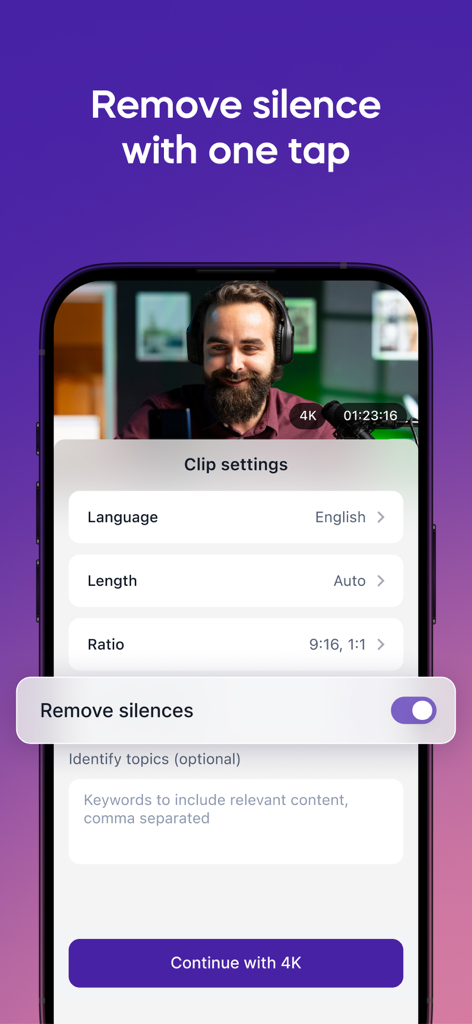 Interface of Vizard app showing clip settings and the option to remove silences with one tap