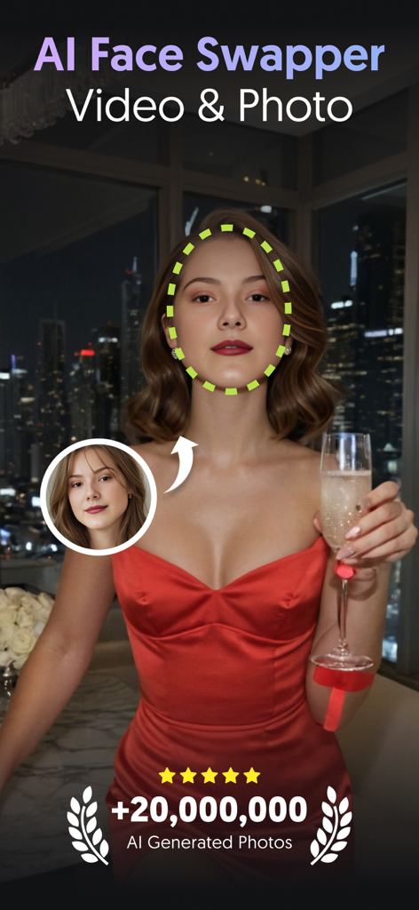 AI face swap feature demonstration showing a face replacement on a woman in a red dress