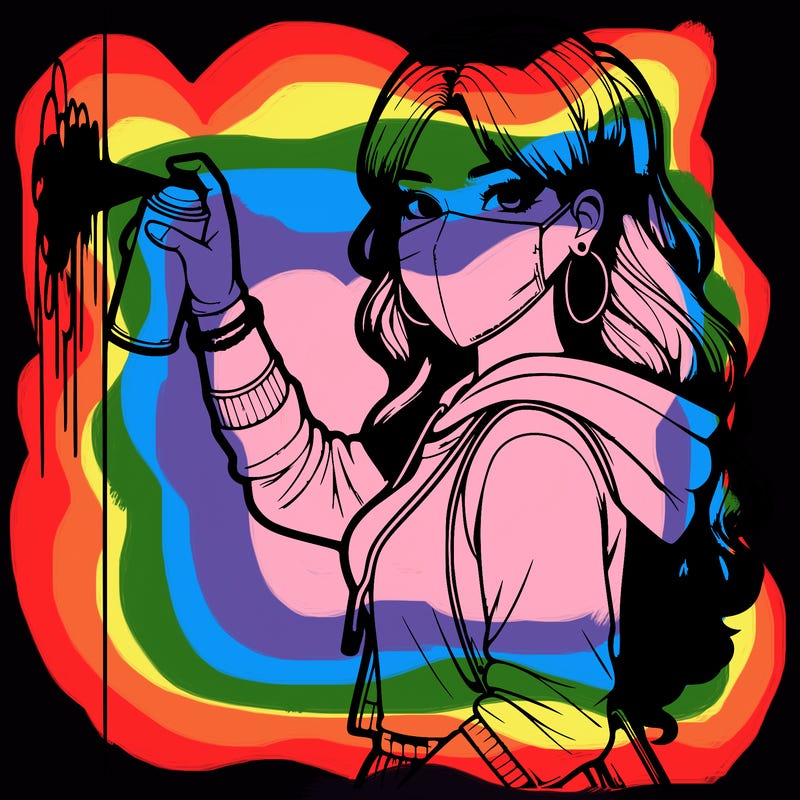 realistic girl with mask spray painting a wall