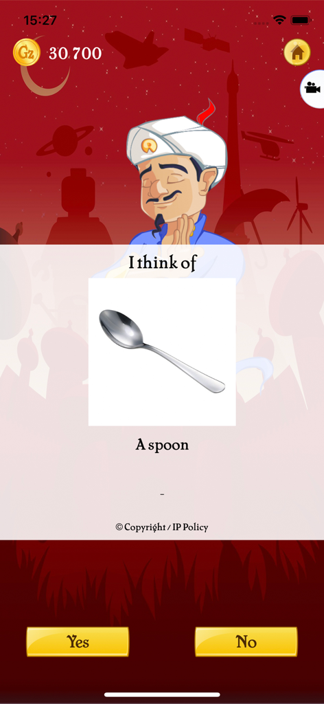 Akinator genie guessing an object as a spoon with yes and no buttons