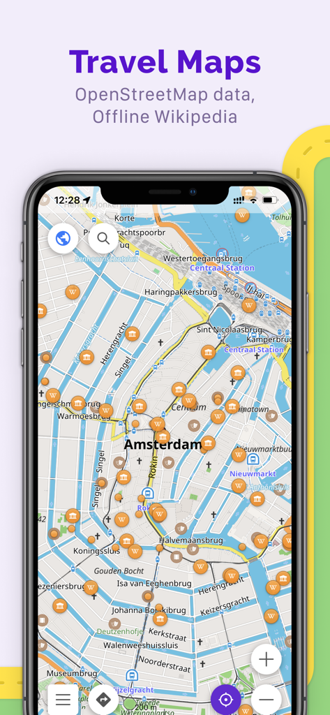 OsmAnd Maps Travel & Navigate - Mappa di Amsterdam con indicatori di punti di interesse nell'app di navigazione OsmAnd