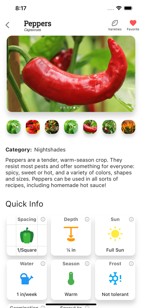 Informações detalhadas de cultivo para pimentões, incluindo espaçamento, requisitos de sol e água no aplicativo Planter