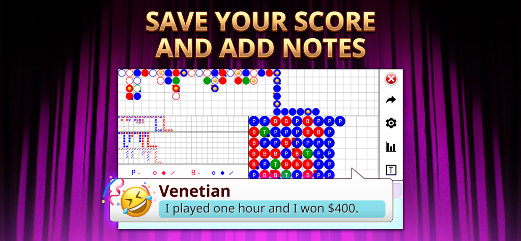 Baccarat scoreboard interface showing game tracking with a personal note about a winning session at a casino.