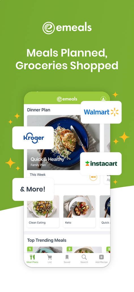eMeals - Healthy Meal Plans - Interface do aplicativo móvel eMeals exibindo planos de jantar saudáveis integrados com parceiros de compras como Walmart, Kroger e Instacart