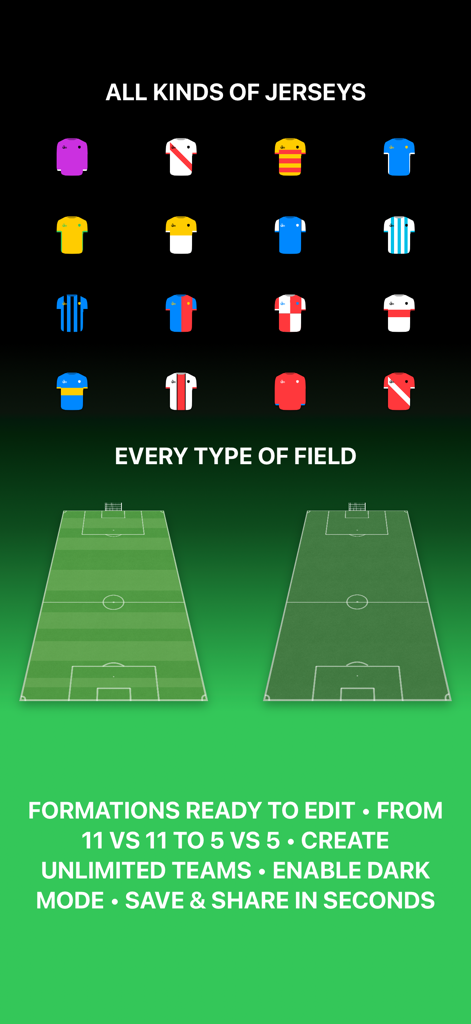Soccer Lineup Builder 11 Pro - Display of various soccer jersey styles and different football pitch types available in the app