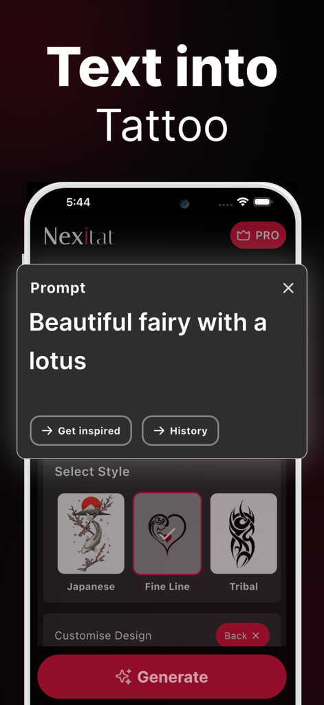 AI Tattoo Generator・Tattoo AI - AI tattoo generator app interface showing a text prompt for a fairy tattoo and various design styles