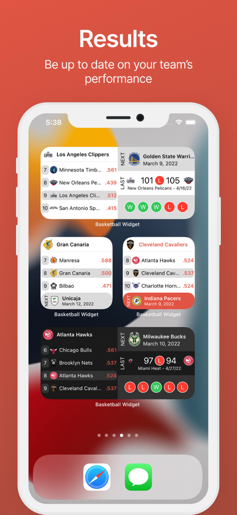 Standings - Basketball Widget - iPhone home screen displaying multiple basketball standings and results widgets in various color schemes