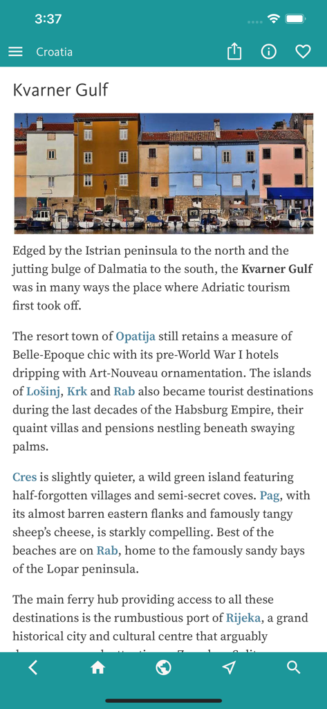 Croatia’s Best: Travel Guide - 크로아티아 여행 가이드 앱의 크바르네르 만 섹션 화면. 화려한 해변 건물 사진 포함.