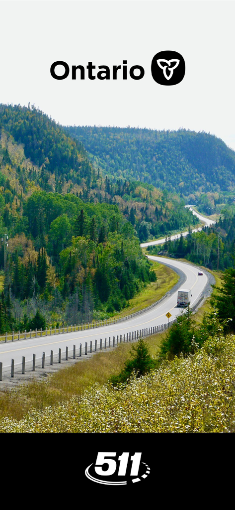 Ontario 511 - A winding highway through a forest with the Ontario and 511 logos