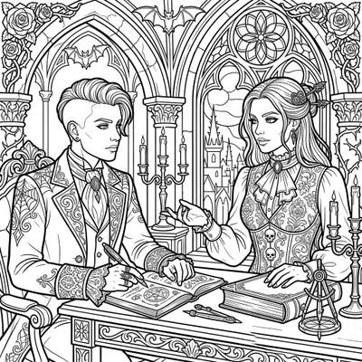 Step into a world of shadowed sophistication with this unique Gothic Business Partners coloring page. Explore an intricately detailed scene where collaboration meets dark elegance, perfect for creative minds.