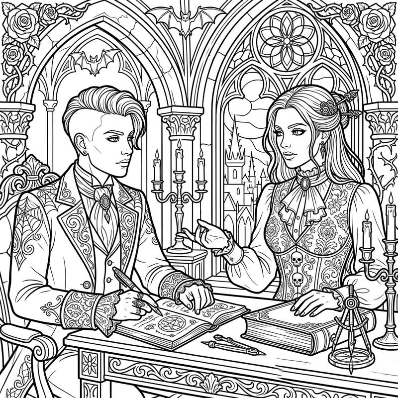 Step into a world of shadowed sophistication with this unique Gothic Business Partners coloring page. Explore an intricately detailed scene where collaboration meets dark elegance, perfect for creative minds.