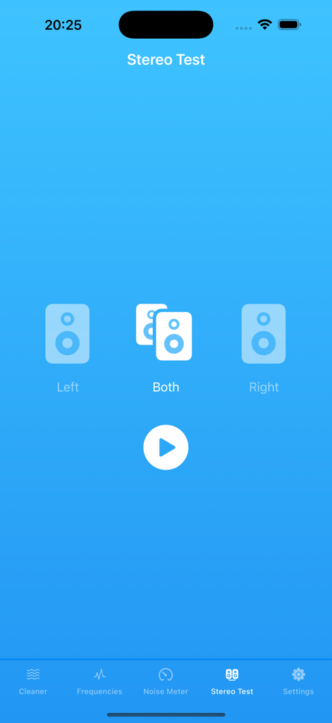 Speaker Fix app Stereo Test screen showing options to test left both and right speakers with a play button on a blue background