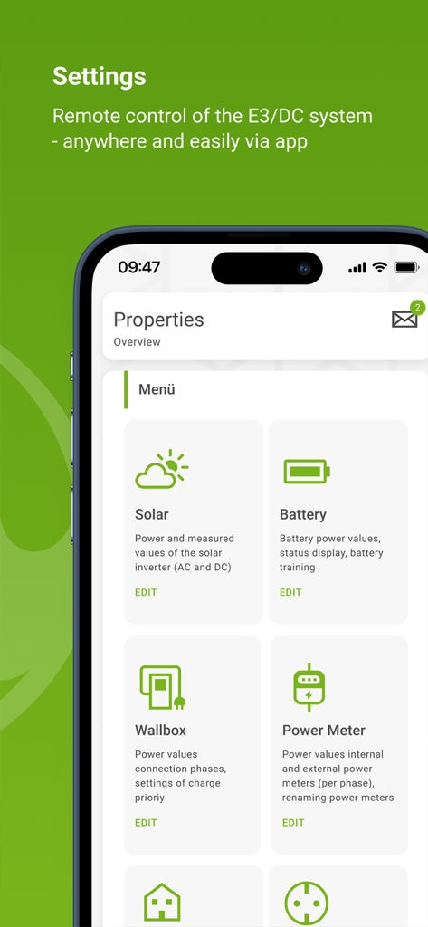 My E3/DC - Tableau de bord des paramètres de l'application My E3/DC affichant les options de contrôle de la batterie solaire et de la Wallbox