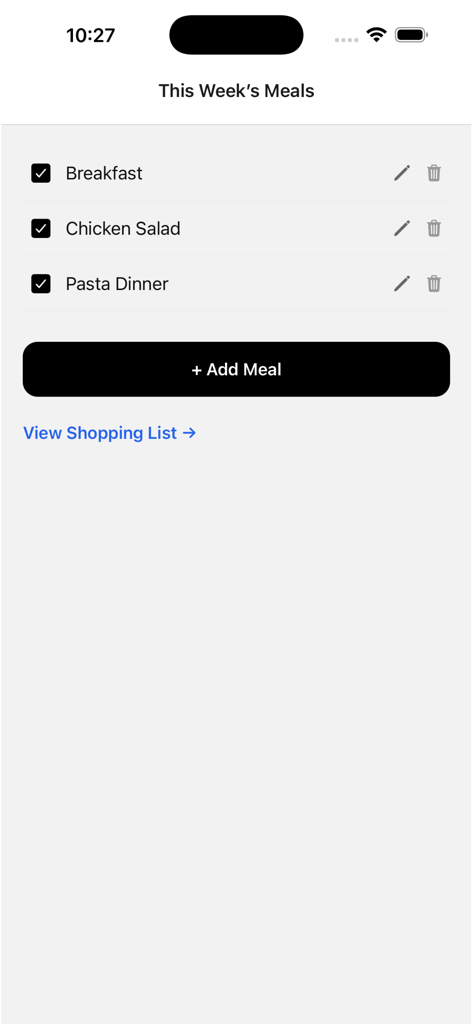 Meal Planner: Shopping List - Weekly meal planner screen showing scheduled meals for breakfast chicken salad and pasta dinner