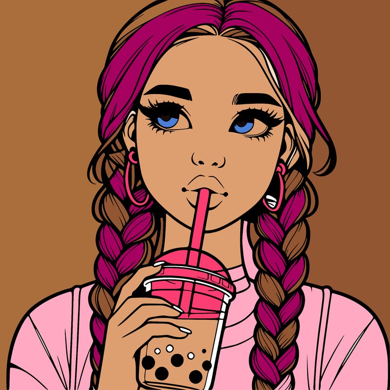 realistic girl with braided hair drinking boba