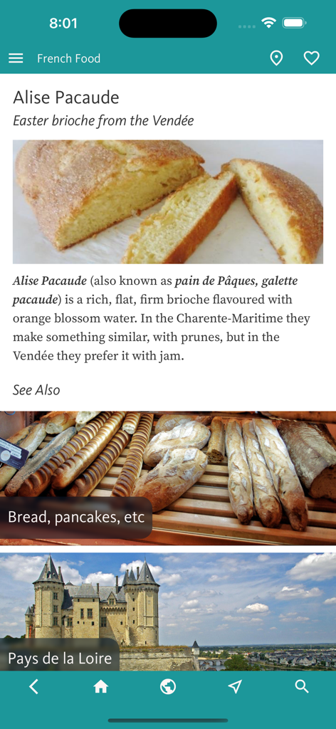 지역 빵 및 여행 범주와 함께 Alise Pacaude 브리오슈 항목을 표시하는 French Food Decoder 앱 스크린샷.
