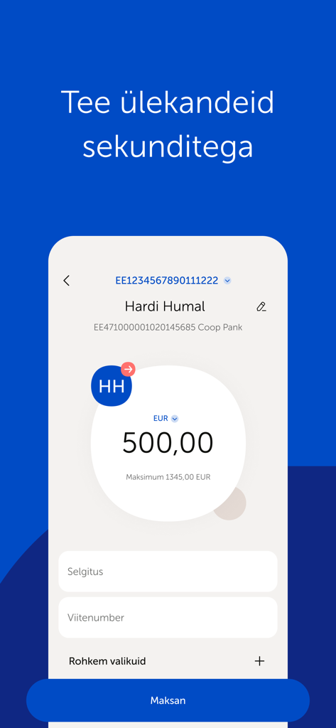 Coop Pank mobile app interface showing a 500 Euro money transfer to a recipient.