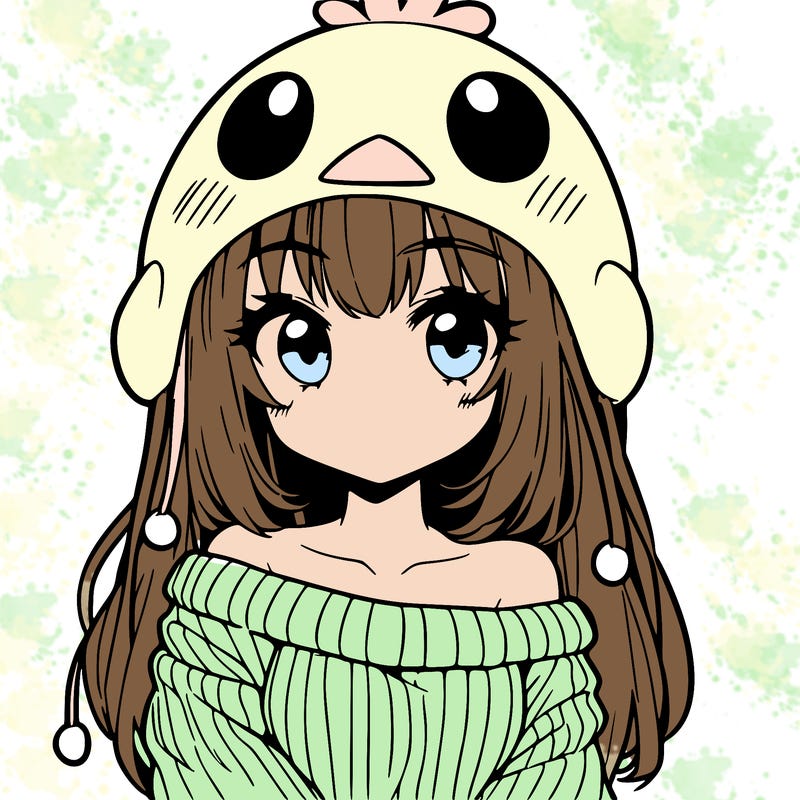 anime girl with chick shaped hat with sweater with bare shoulders with bangs covering them one eye with low tail