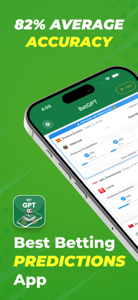 BetGPT - Betting App - BetGPT mobile app interface showing AI soccer predictions and accuracy rate