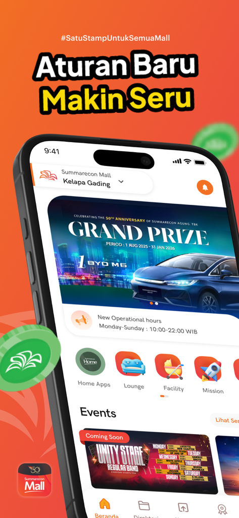 Summarecon Mall - Summarecon Mall app home screen featuring a grand prize car giveaway and various mall services like lounge and events.
