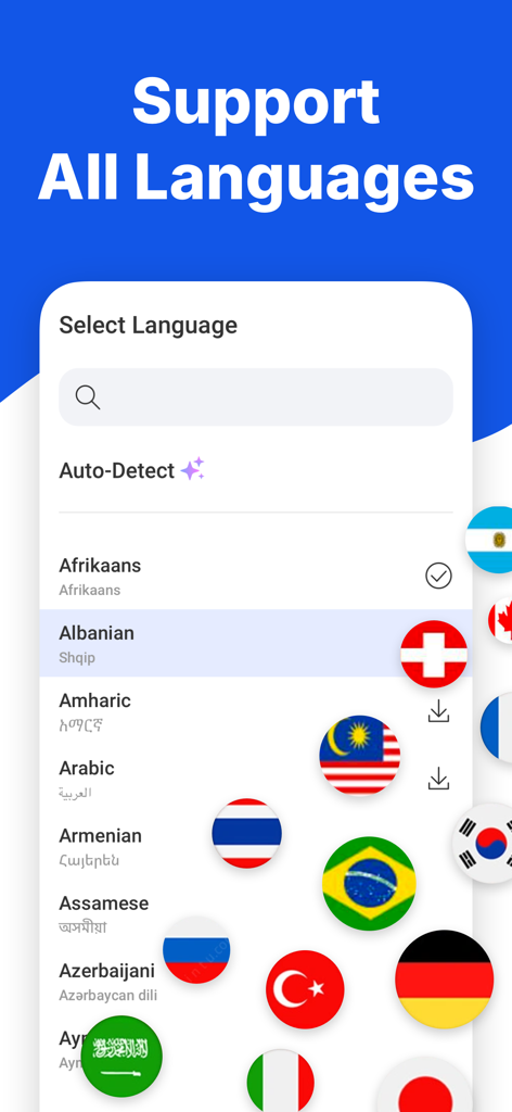 Oberfläche der KI-Übersetzer-App, die den Bildschirm zur Sprachauswahl mit einer Liste von Sprachen und bunten Länderflaggen zeigt.