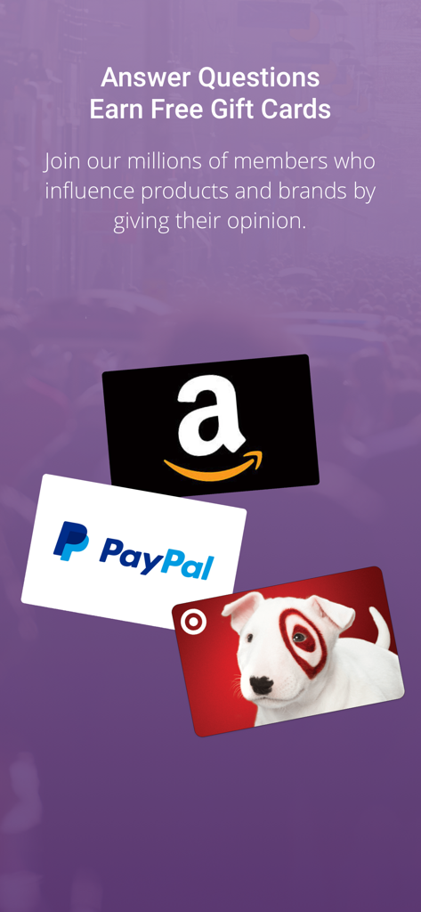SB Answer - SB Answer app screen promoting free gift cards from Amazon PayPal and Target for answering surveys
