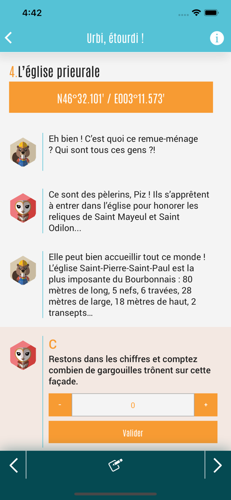 PÉPIT - Pepit app interface showing a historical riddle with character dialogue.