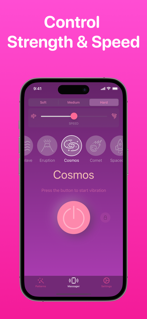 Interface de l'Application Vibrateur montrant les commandes de force, de vitesse et de modes de vibration comme Cosmos