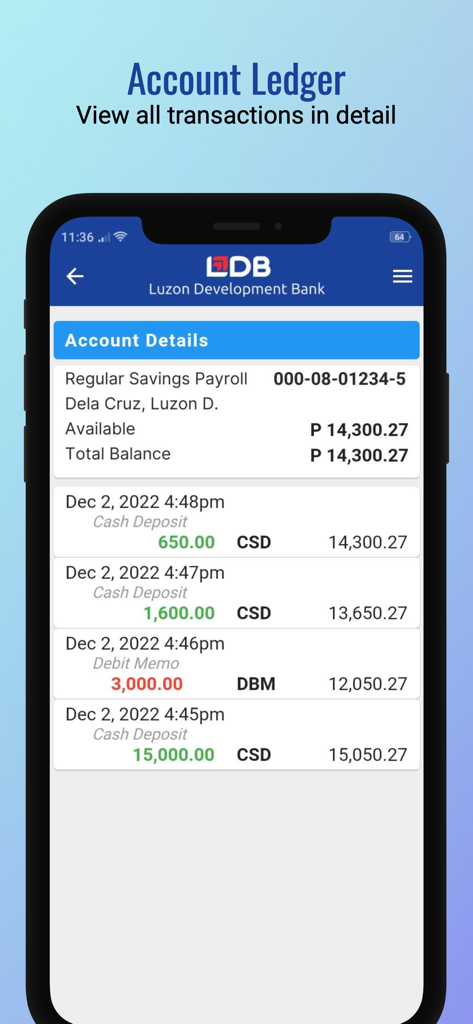 LDB Mobile - Screenshot of the LDB Mobile app account ledger showing detailed transaction history and balance for a savings account.