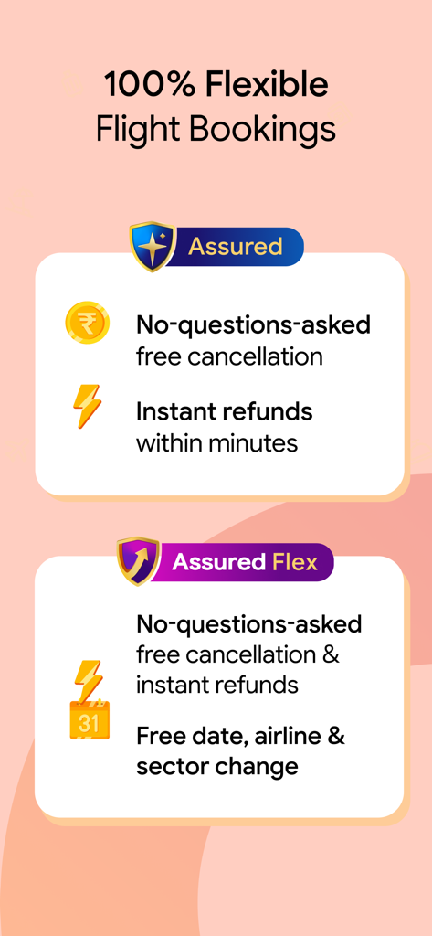 ixigo: Flight & Hotel Booking - Promotion des plans ixigo Assured et Assured Flex pour des réservations de vols flexibles, y compris l'annulation gratuite et les remboursements instantanés