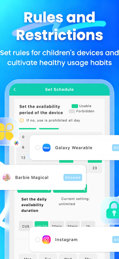 KidsLink Kids - A mobile app screen showing options to set daily availability schedules and manage app restrictions for children.