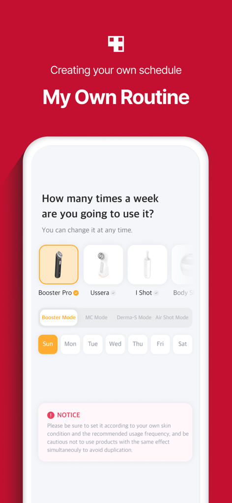 AGE-R medicube Digital clinic - AGE-R medicubeアプリのインターフェース。デバイスと頻度の選択が表示されたパーソナライズされたスキンケアルーティンスケジューラーを示しています。
