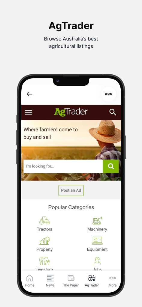AgTrader marketplace screen in The Land app for buying and selling agricultural equipment and livestock