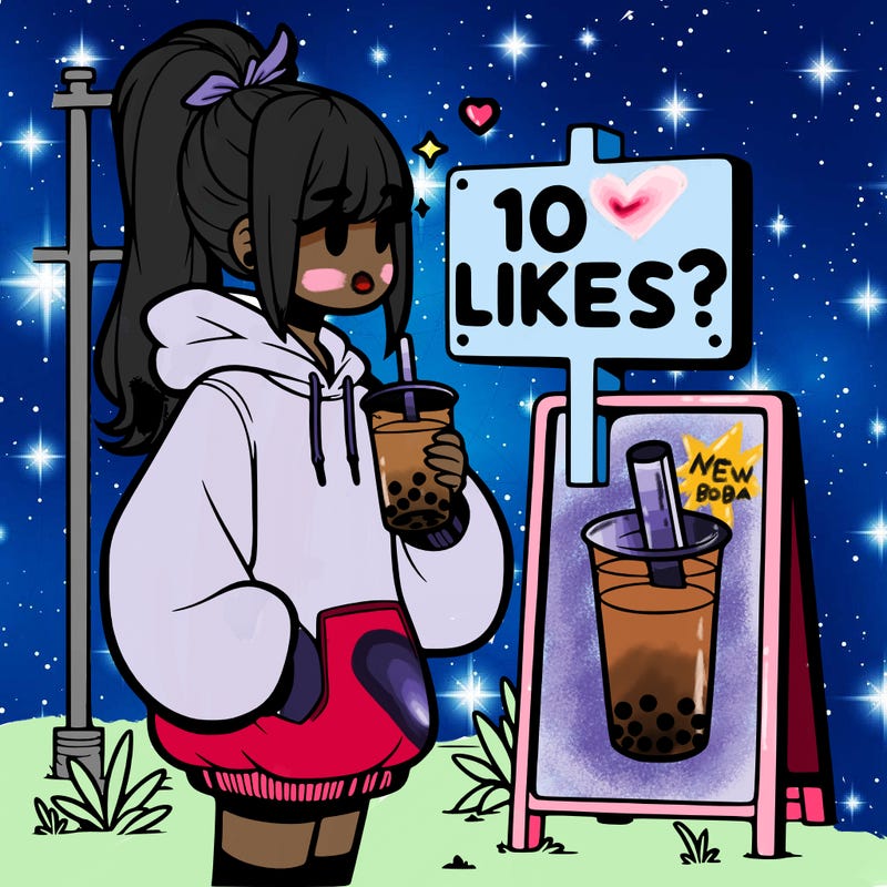 girl with oversized hoodie drinking boba and she has a high ponytail with a sign that says 10likes?