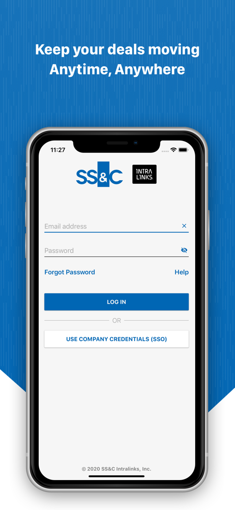 Intralinks mobile App-Anmeldebildschirm mit Feldern für E-Mail und Passwort sowie einer Single-Sign-On-Option.