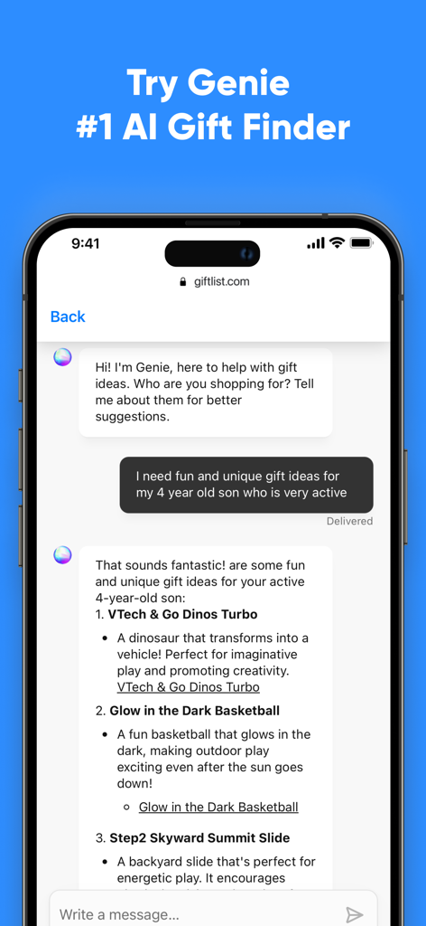 GiftList – Wishlist & Registry - A chat interface in the GiftList app showing the AI Genie providing personalized gift recommendations for an active child