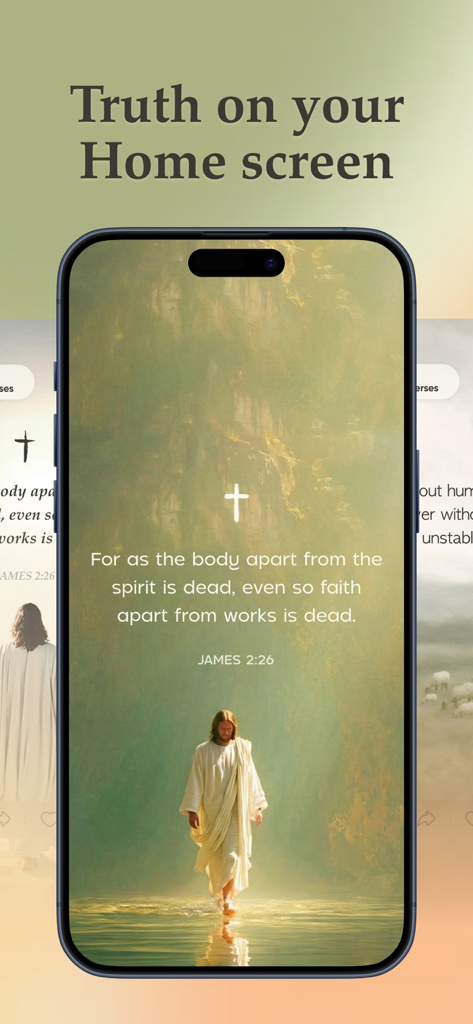 Bible Widget & Verse - Biblo - Widget de versículos bíblicos en la pantalla de inicio de un iPhone que muestra escrituras sobre una imagen pacífica de Jesús.